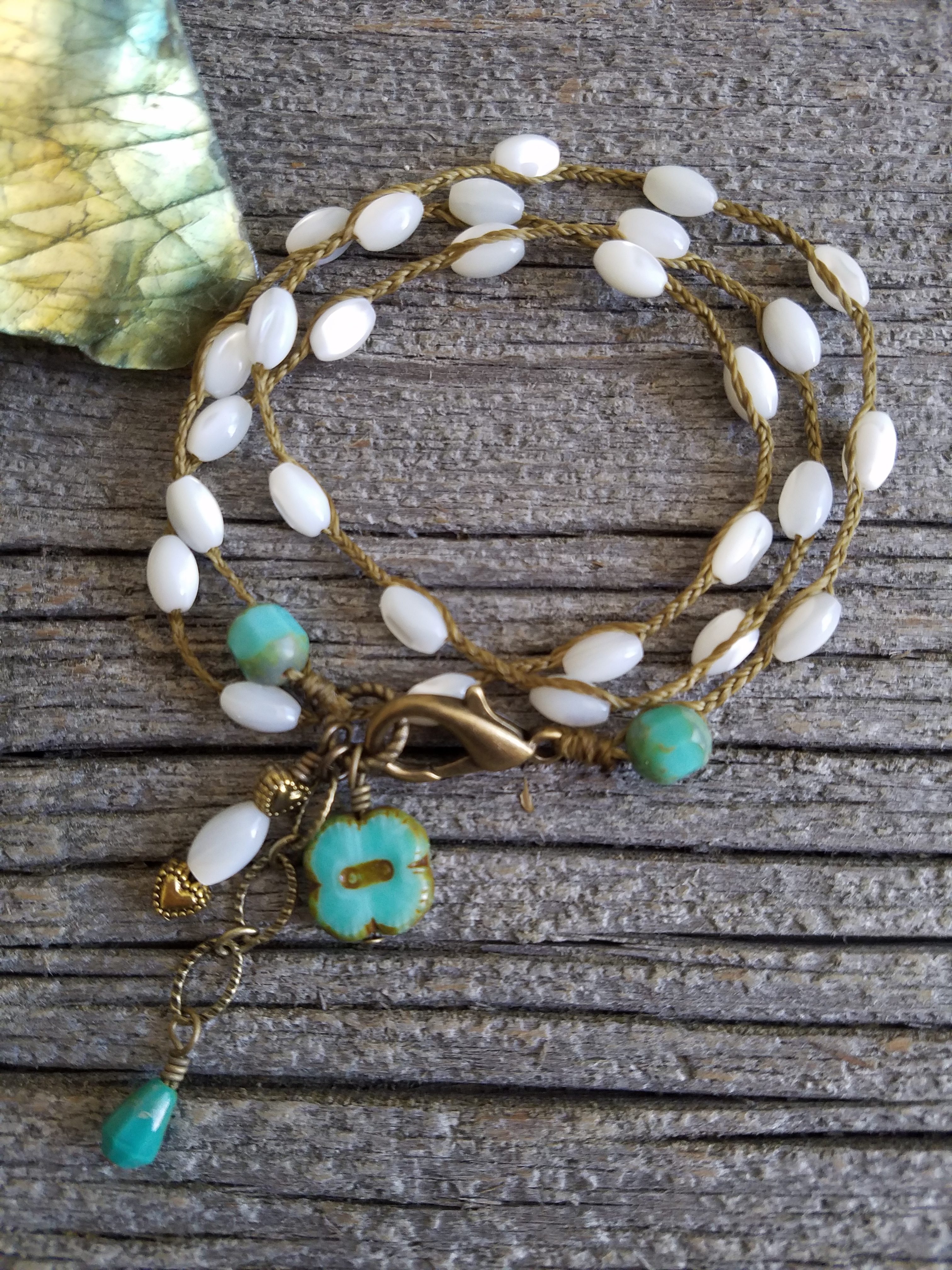 Triple Wrap Mother Of Pearl Bracelet (Green Accents) - Auntie Ms Gems