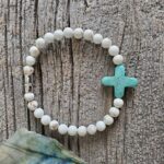 Cream and Green Howlite Cross Stretch Bracelet