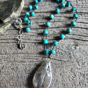 Turquoise Howlite and Crystal Cross Necklace