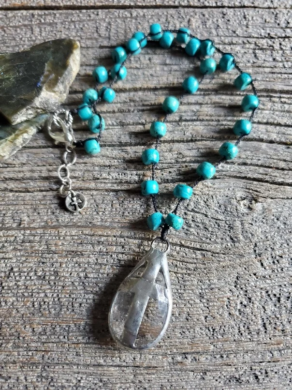 Turquoise Howlite and Crystal Cross Necklace