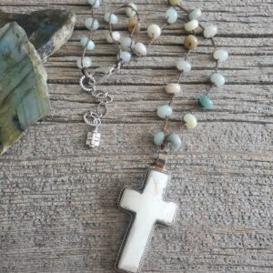 Amazonite and Bone Cross Necklace