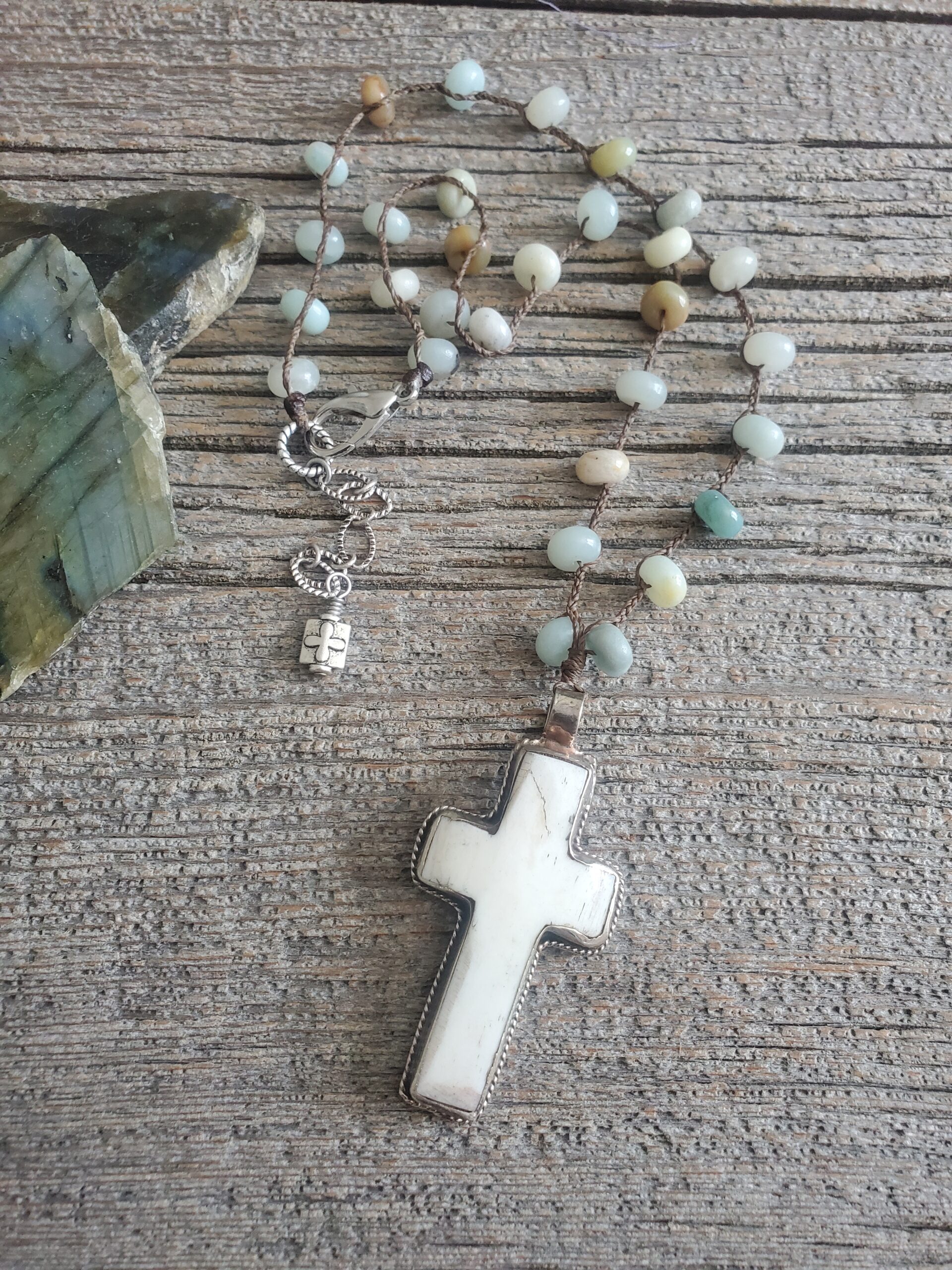 Amazonite and Bone Cross Necklace