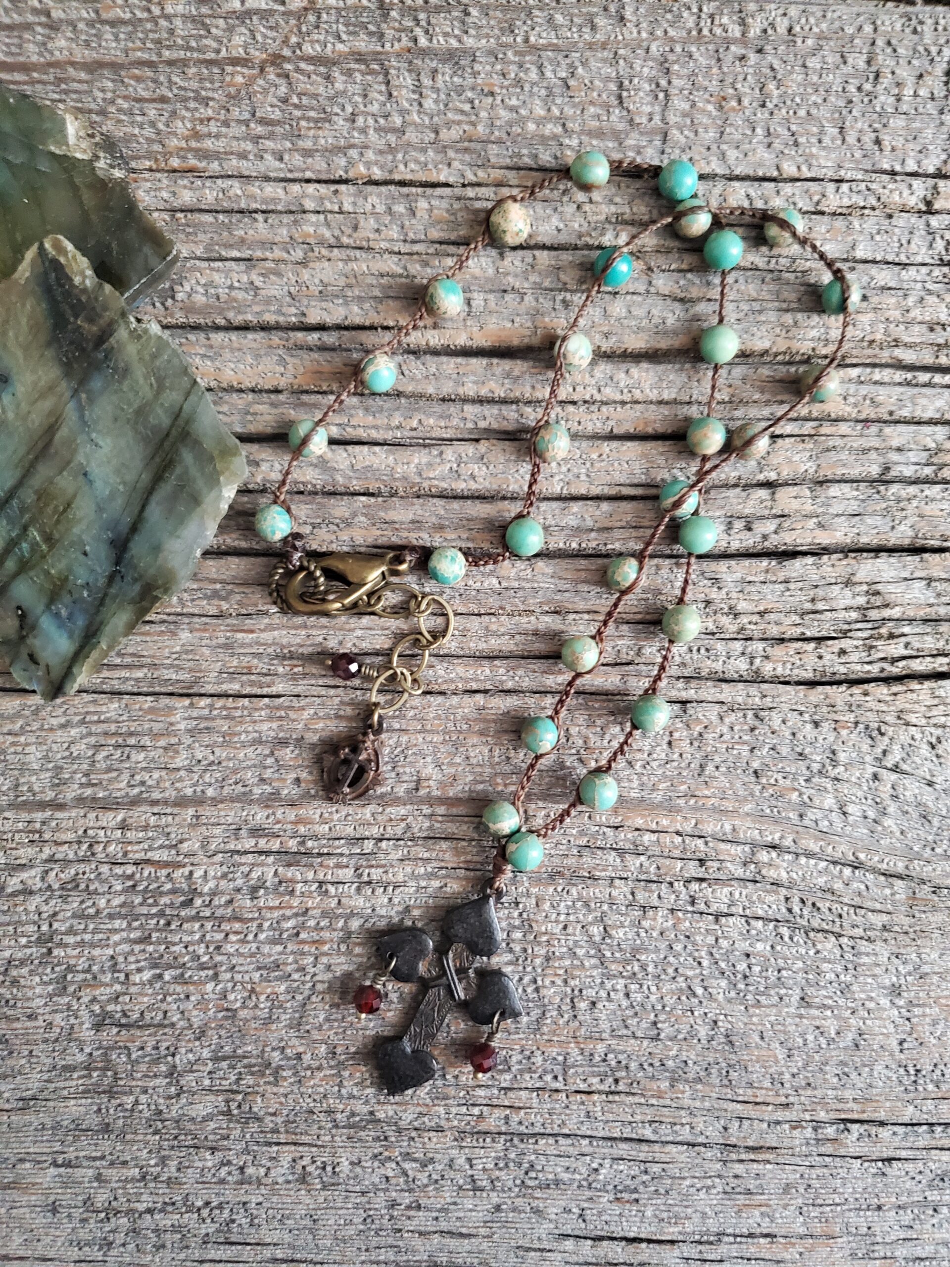 Jasper and Garnet Rustic Cross Necklace