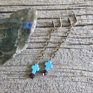 Brass Howite and Garnet Dangle Earrings