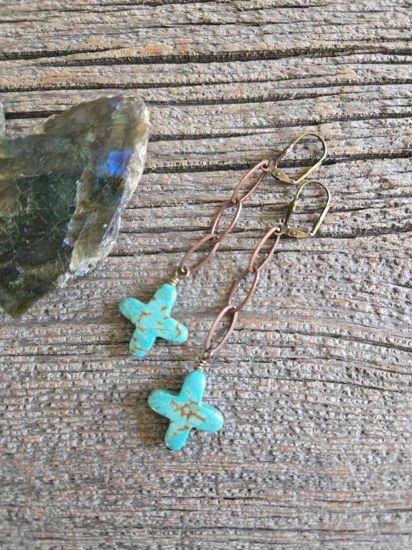 Green Howlite Cross Earrings