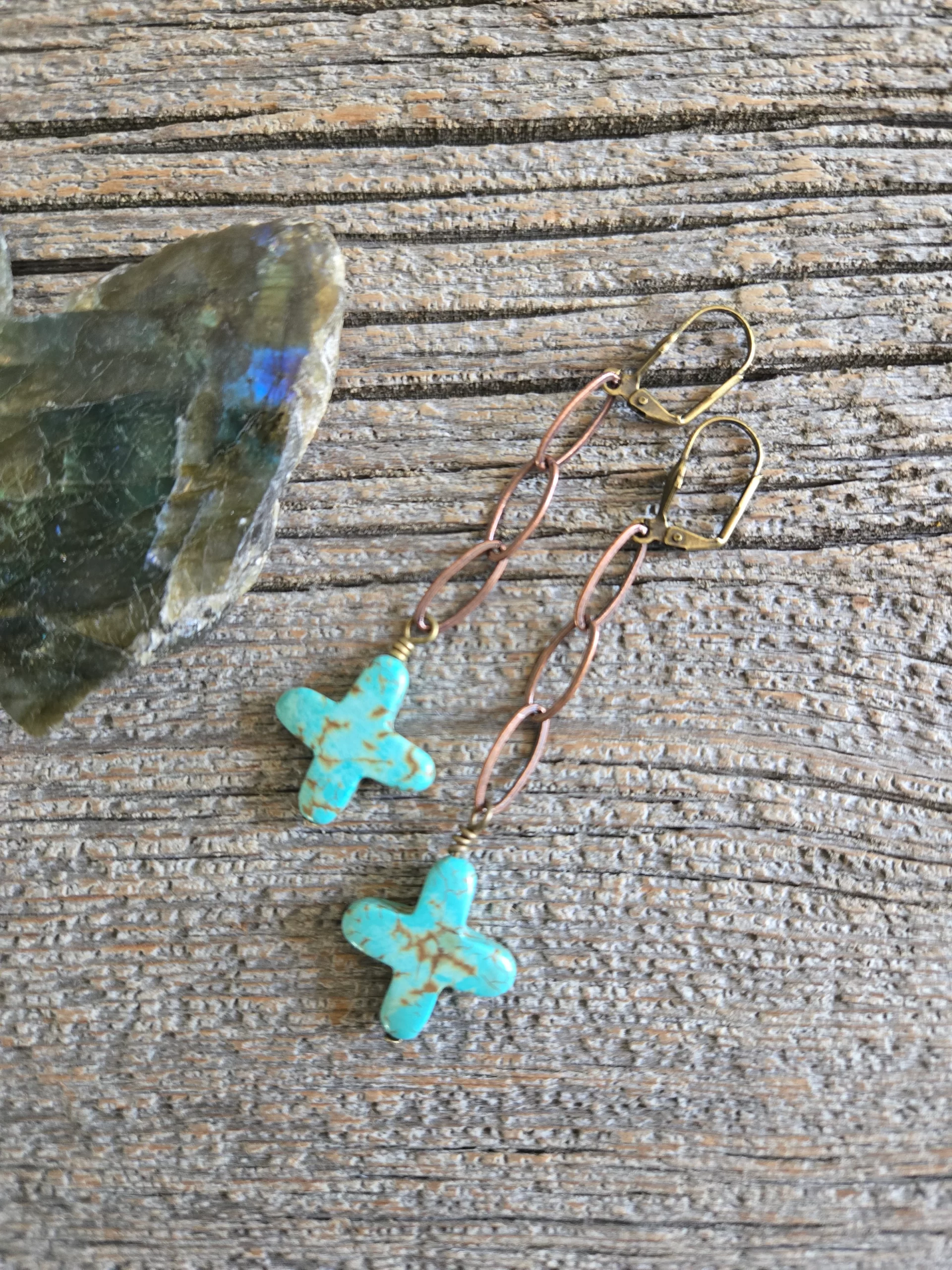 Green Howlite Cross Earrings