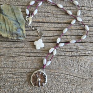 Carved Mother of Pearl Beaded Flower Necklace