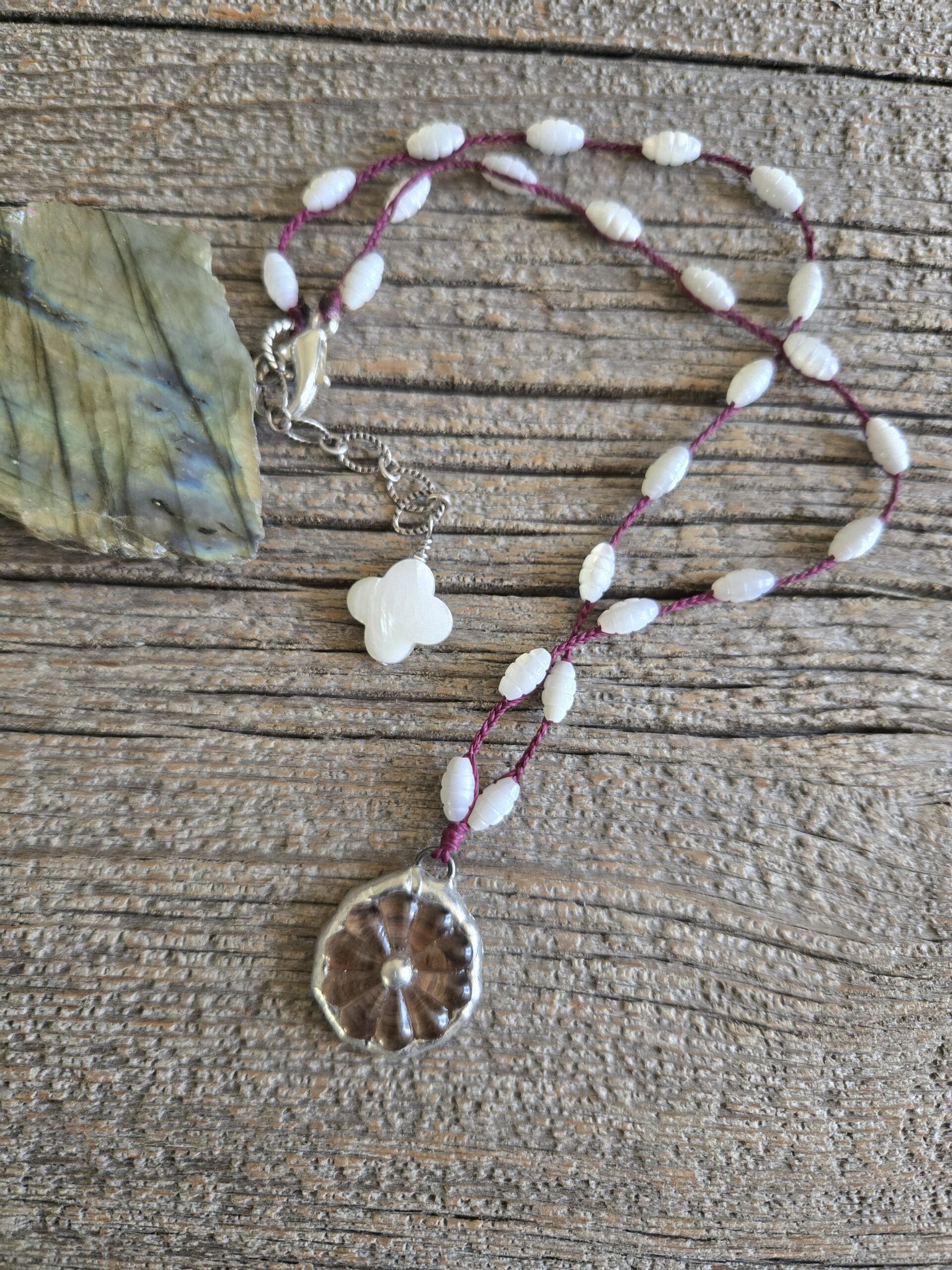 Carved Mother of Pearl Beaded Flower Necklace