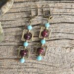 Brass Blue Howlite and Garnet Earrings