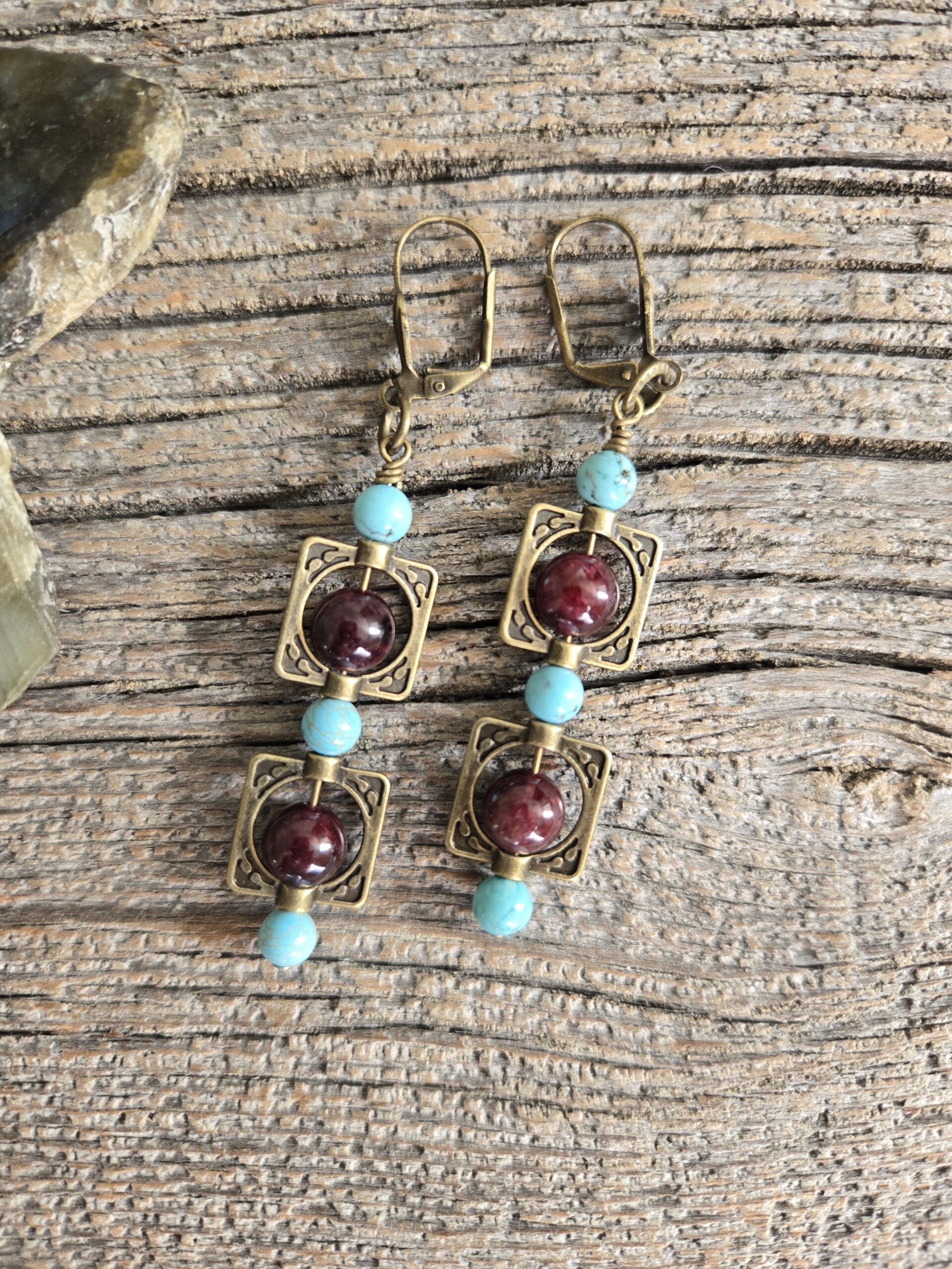 Brass Blue Howlite and Garnet Earrings