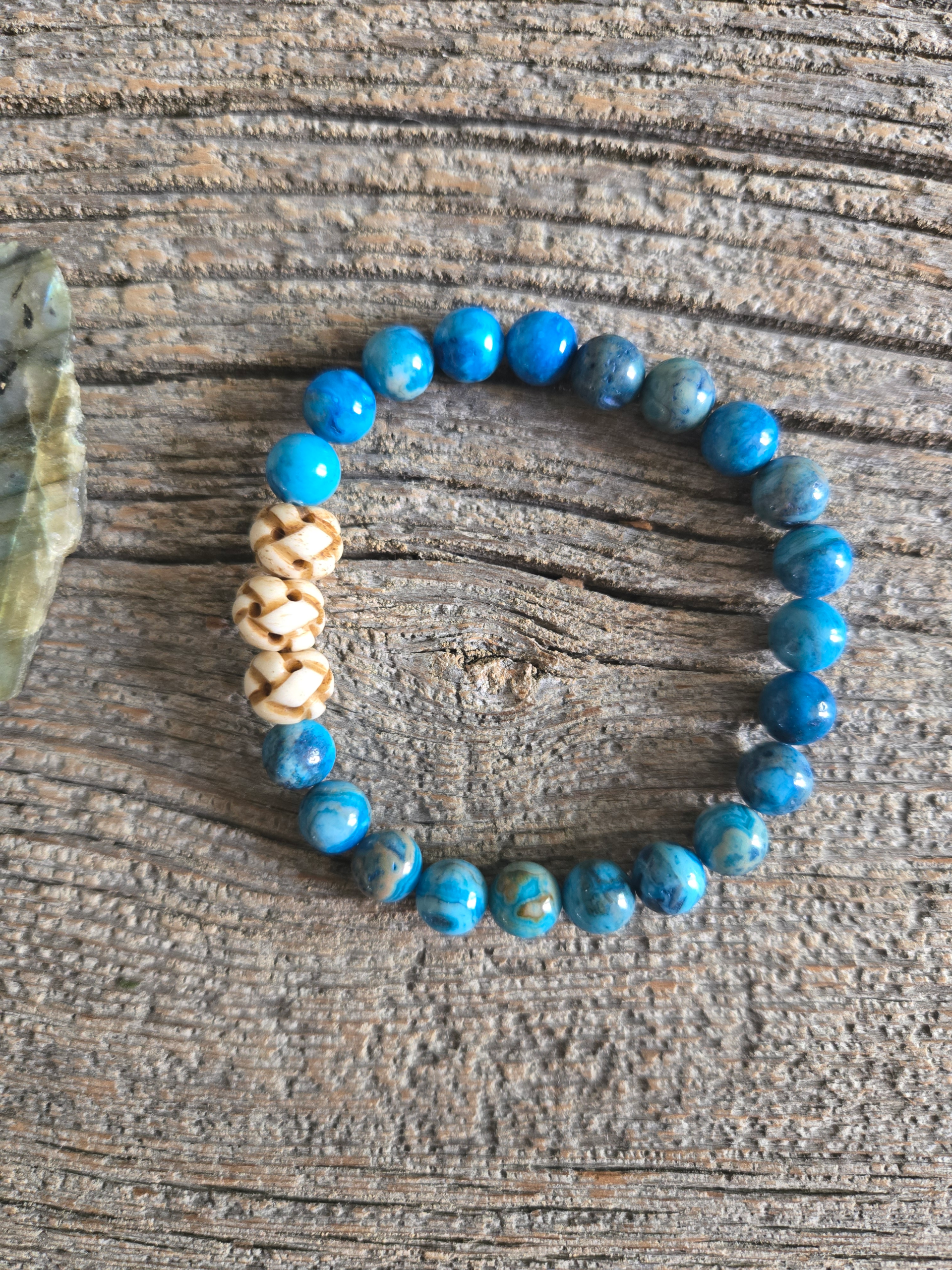 Blue Agate and Carved Bone Stretch Bracelet