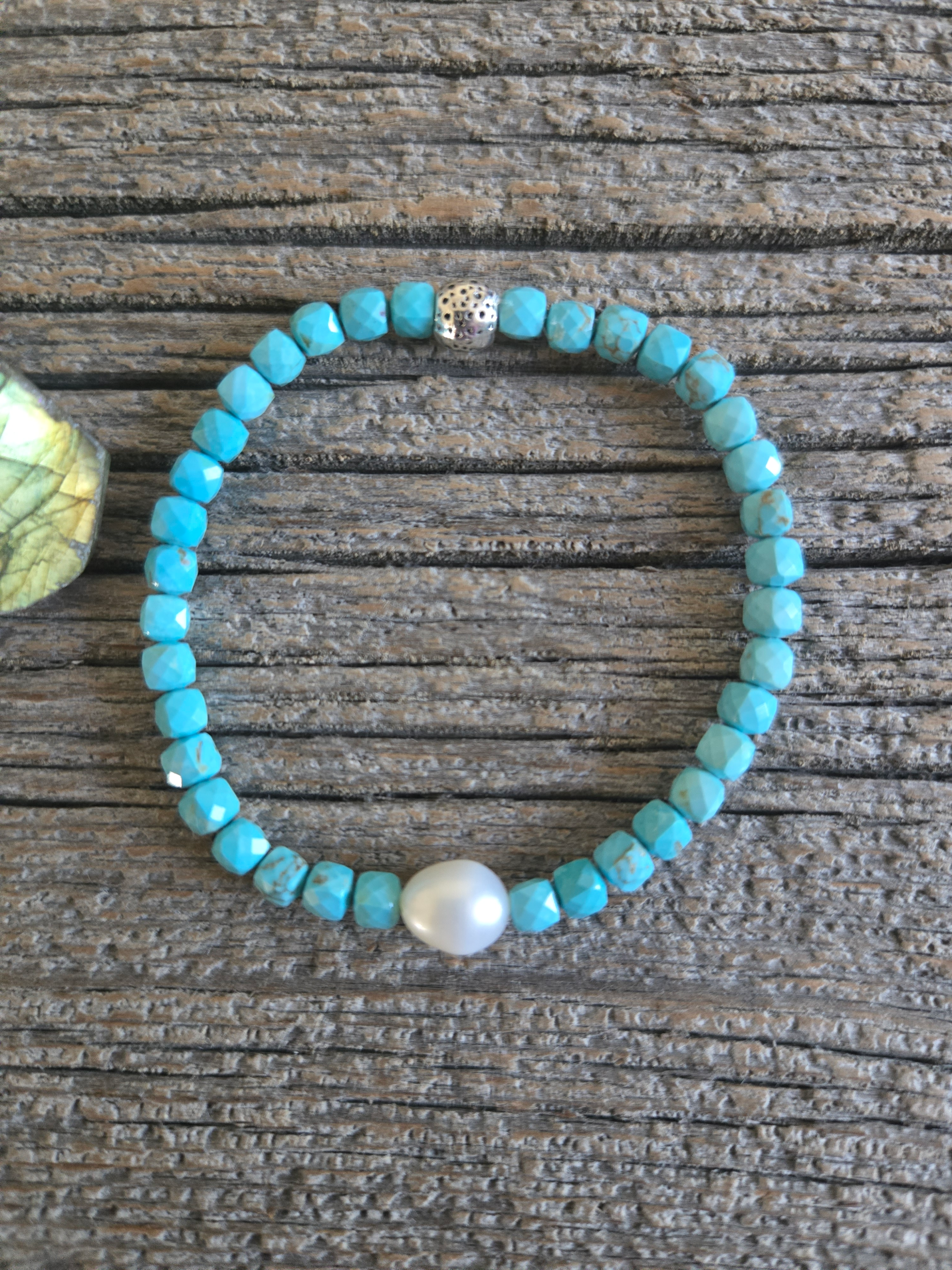 Cubed Turquoise and Pearl Stretch Bracelet